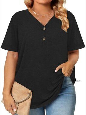 Plus Size Summer Button Down Tunic Tops Short Sleeve V-Neck Business Casual